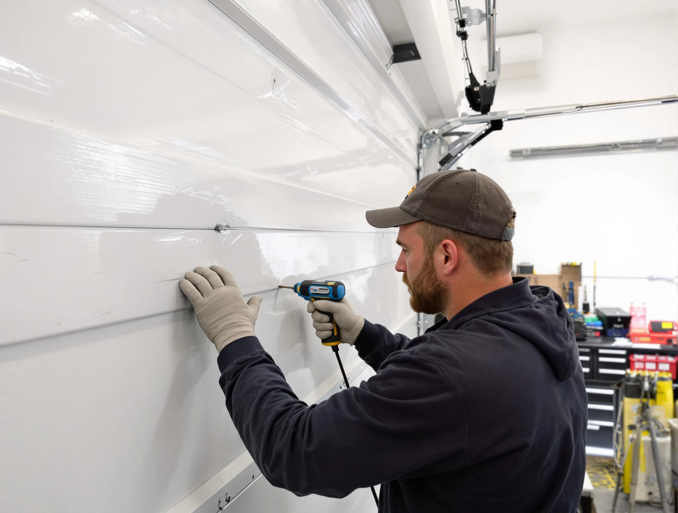 Rockwood Garage Door Repair technician demonstrating precision dent removal techniques on a Rockwood garage door